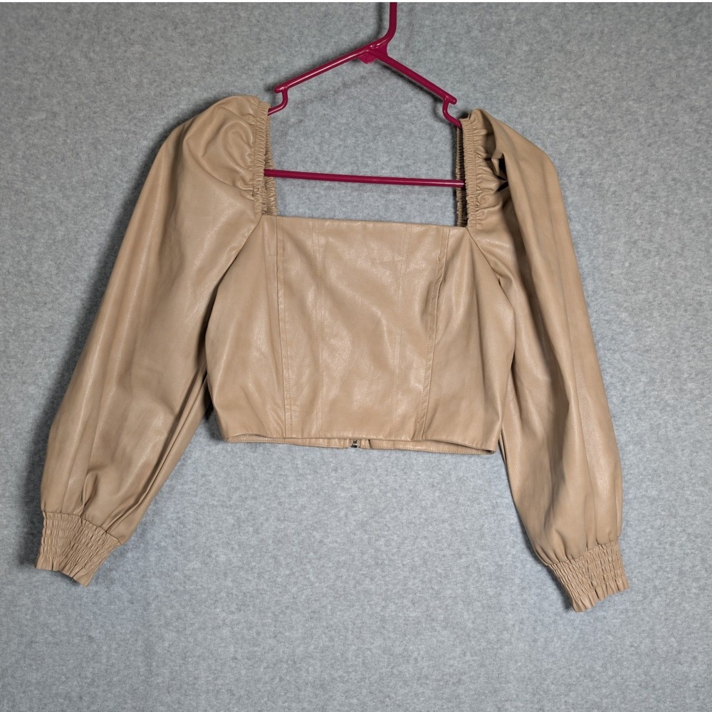 7 For All Mankind Womens Crop Top Small Tan Faux Leather Puff Sleeve Square Neck
